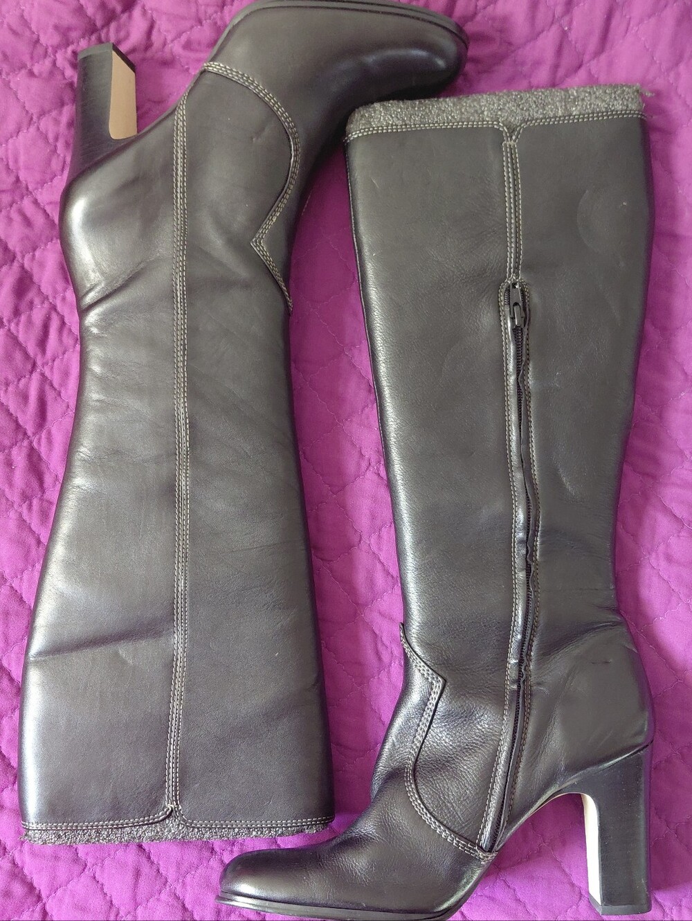 Anne Klein Black Leather Heeled Boots with Stitch Detailing Size 10